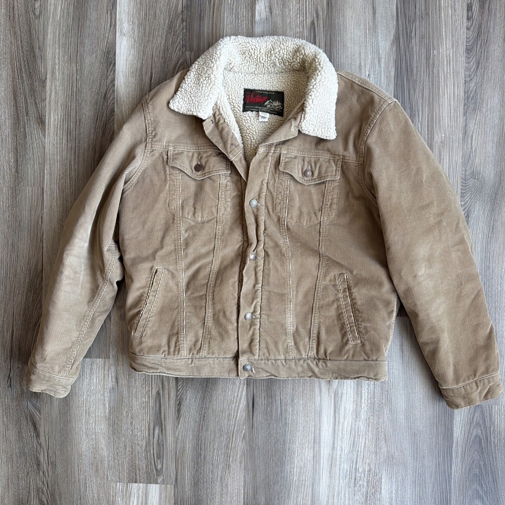 Old Navy Vintage Sherpa Lined Mens Size L Camel Tan Corduroy Coat Trucker Jacket
